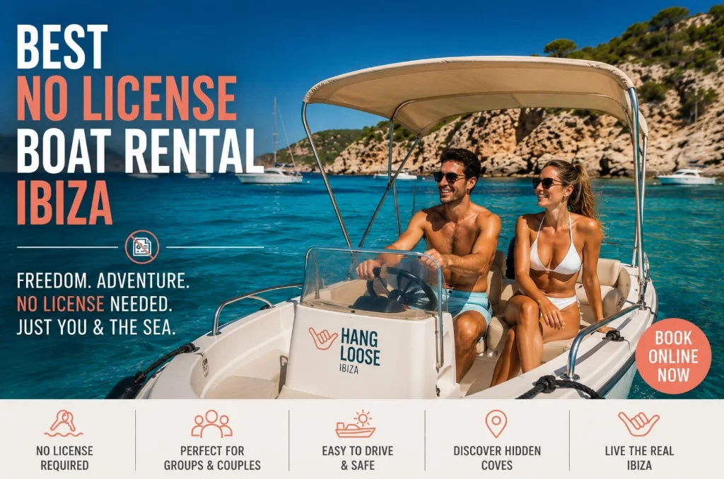No-license boat rental in San Antonio Ibiza — couple driving a self-drive boat in turquoise waters along the west coast — Hang Loose Ibiza