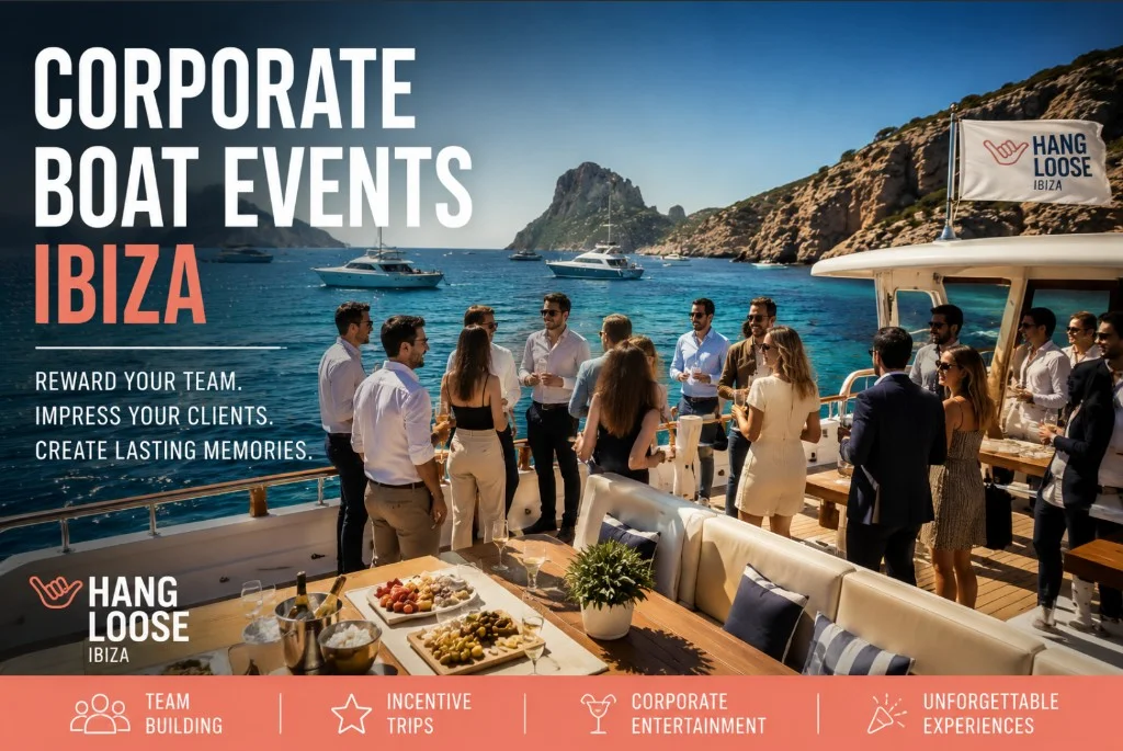 Corporate boat events in Ibiza — team celebration on a luxury yacht deck from San Antonio — Hang Loose Ibiza