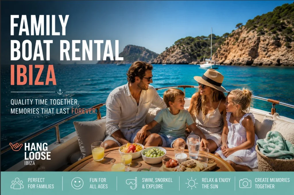 Family boat rental in Ibiza — parents and children enjoying a day on a private boat in turquoise waters — Hang Loose Ibiza