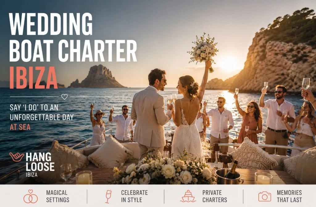 Wedding boat charter in Ibiza — bride and groom with guests toasting at sunset on a private boat — Hang Loose Ibiza