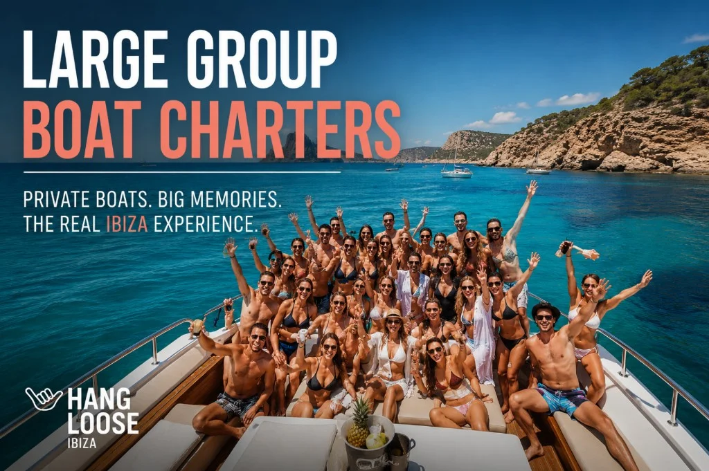 Large group boat charter in Ibiza — private party boat with guests celebrating on deck, turquoise water and Ibiza coastline — Hang Loose Ibiza